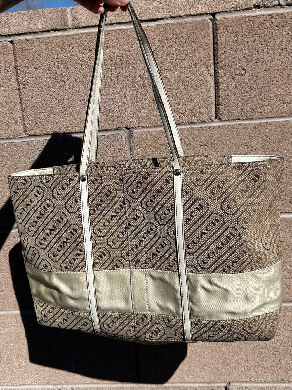 Coach Lozenge Brown and Cream Logo Canvas Tote